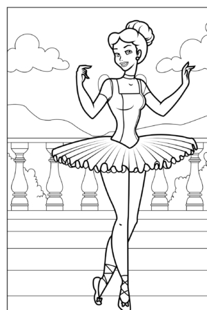 Uma bailarina usando um tutu e sapatilhas de balé está em um palco ao ar livre com nuvens e colinas ao fundo, perfeita para desenho de menina para colorir.