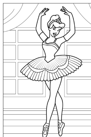 Uma menina bailarina com uma tiara e tutu posa graciosamente no palco, perfeita para desenho e colorir, contra um fundo de grandes vidraças e cortinas.