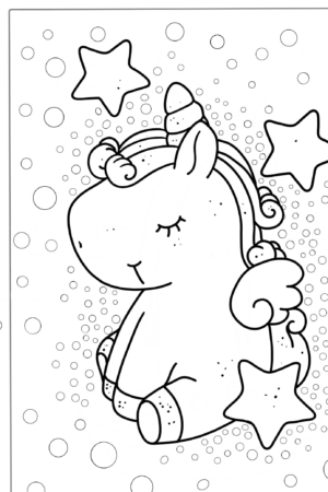 Unicórnio fofo com asas e estrelas, cercado por bolhas em um lindo design de página para colorir "Desenhos para Menina".