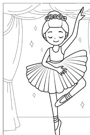 Uma bailarina de tutu dança graciosamente sobre uma perna e um braço levantado, como uma menina do desenho para colorir, em um palco com cortinas ao fundo.