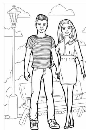 Um casal está de mãos dadas em frente a um banco de parque com um poste de luz e nuvens ao fundo, perfeito para colorir. Desenhos para Menina vai adorar esta página para colorir.