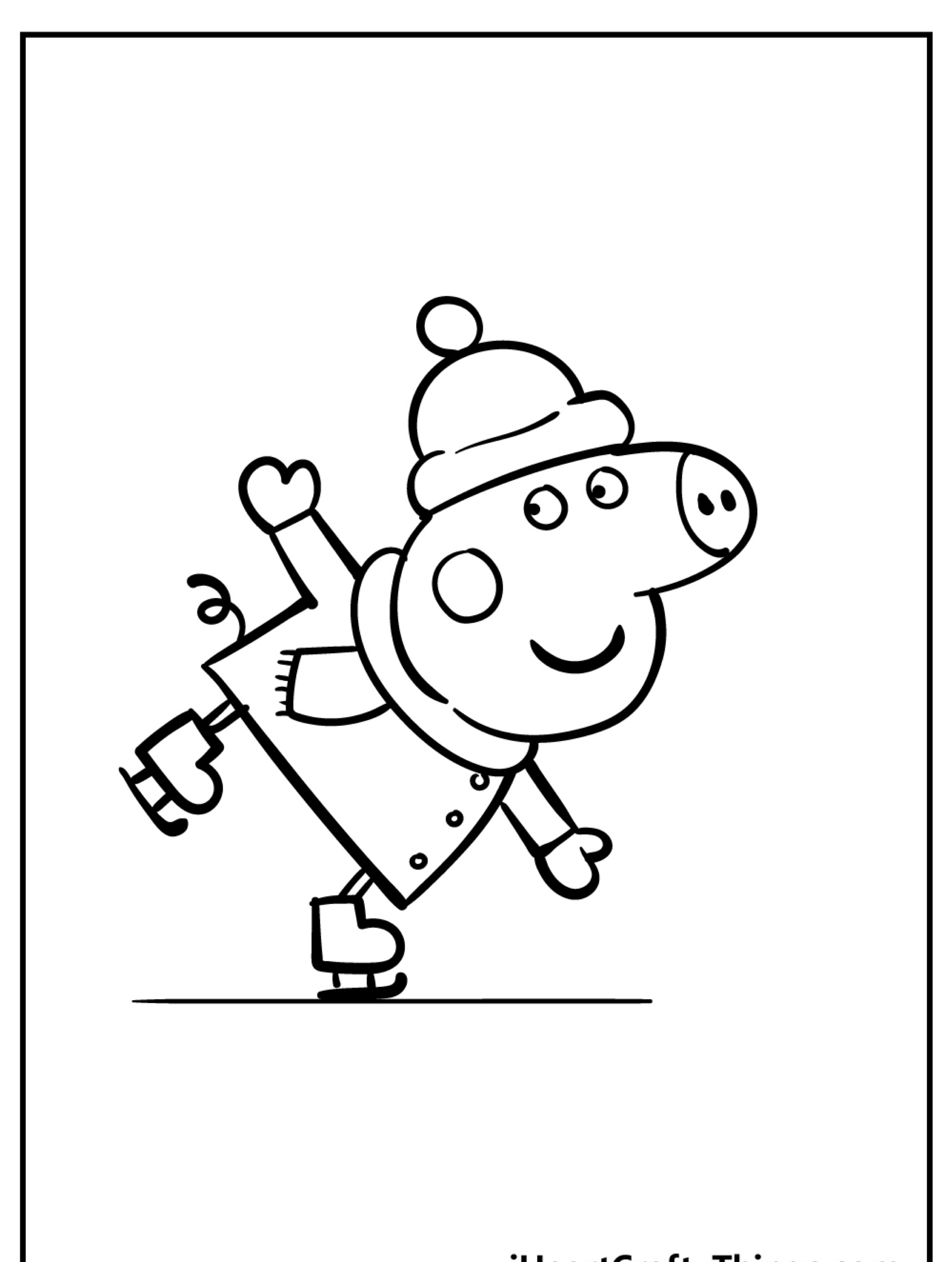 Um personagem de desenho animado inspirado em desenhos em roupas de inverno está patinando no gelo, usando um chapéu e cachecol, sorrindo com uma perna levantada para trás. Perfeito para as crianças colorirem, esta cena traz à mente as aventuras alegres da Peppa Pig durante a temporada de inverno.