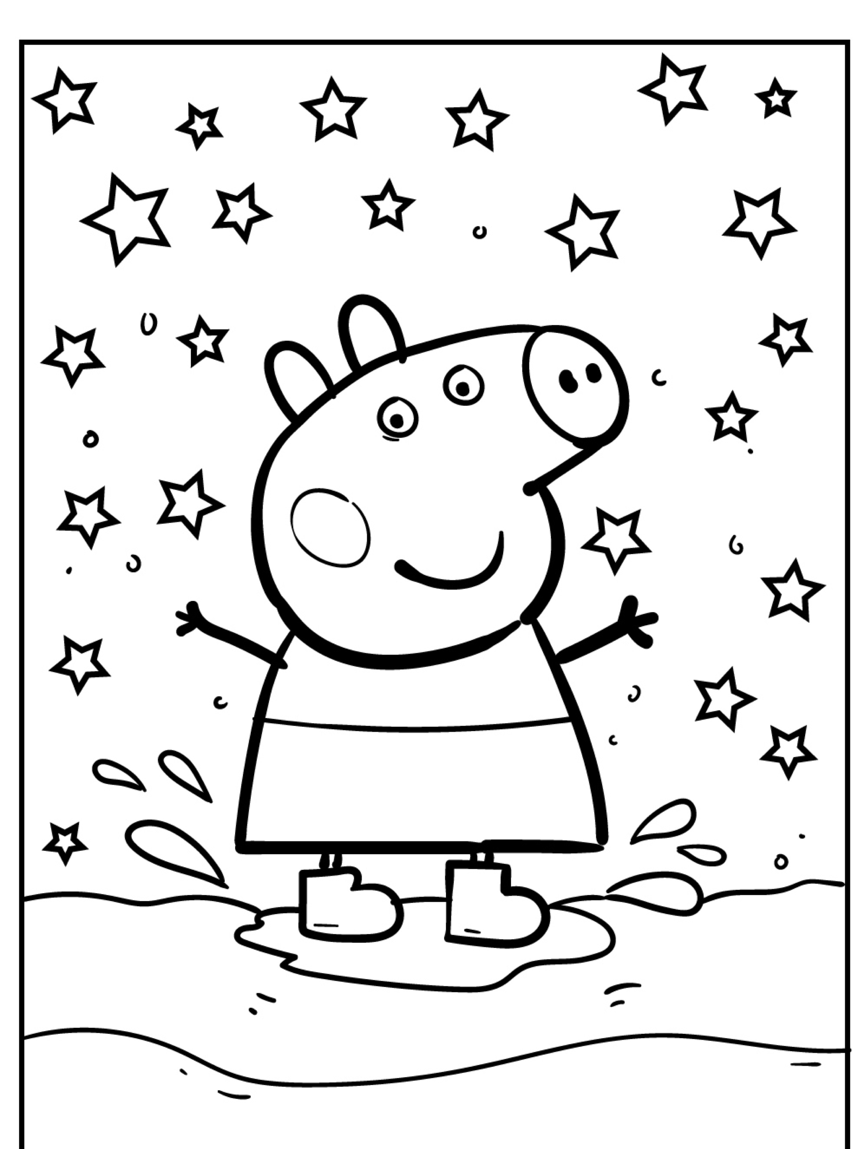 Um porco de desenho animado usando botas está pulando alegremente em uma poça de lama, cercado por estrelas ao fundo, lembrando os desenhos para colorir da Peppa Pig.