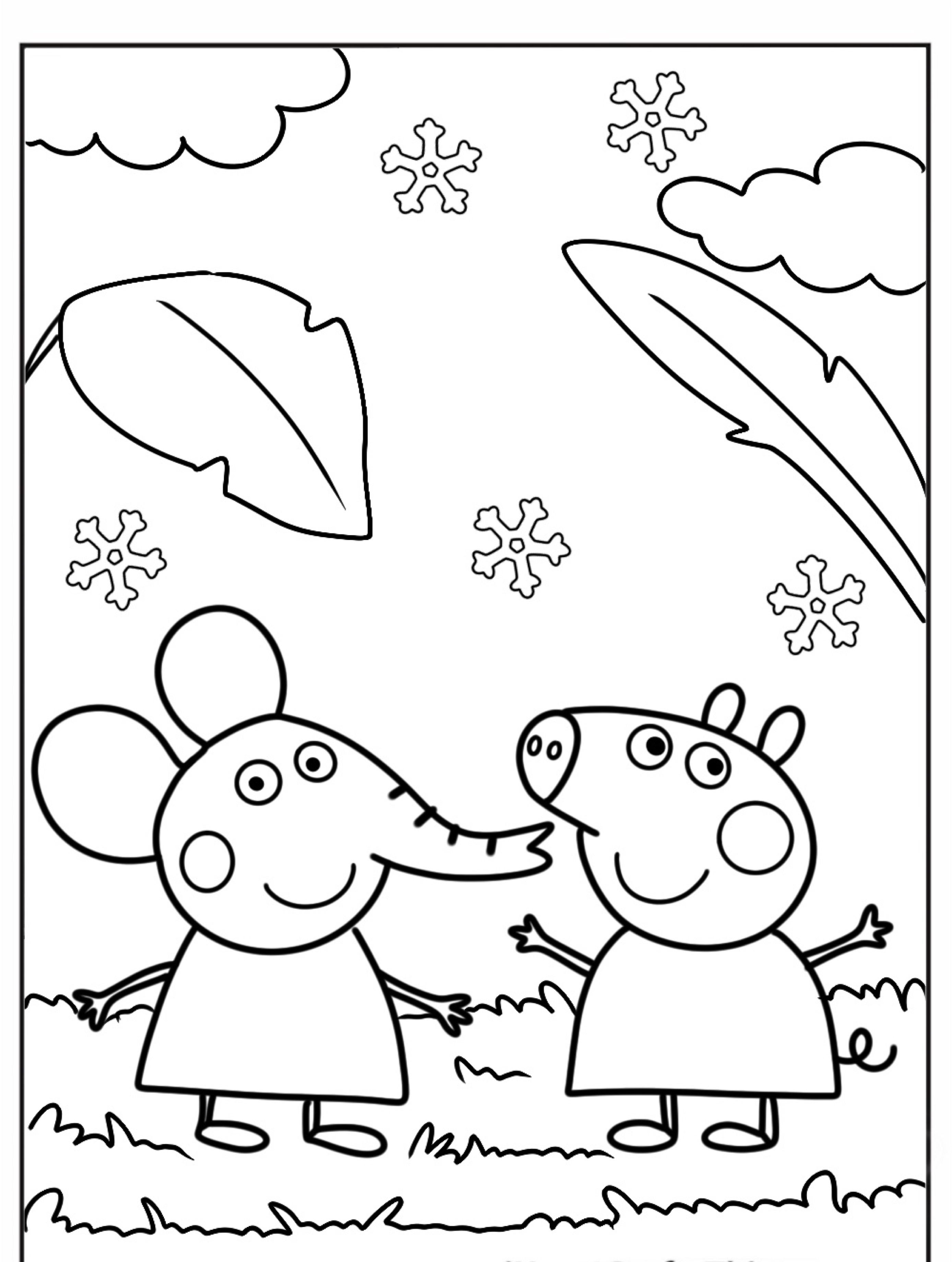 Dois animais de desenho animado, um rato e Peppa Pig, estão em um campo gramado com flocos de neve e grandes folhas ao redor deles — desenho para colorir perfeito.