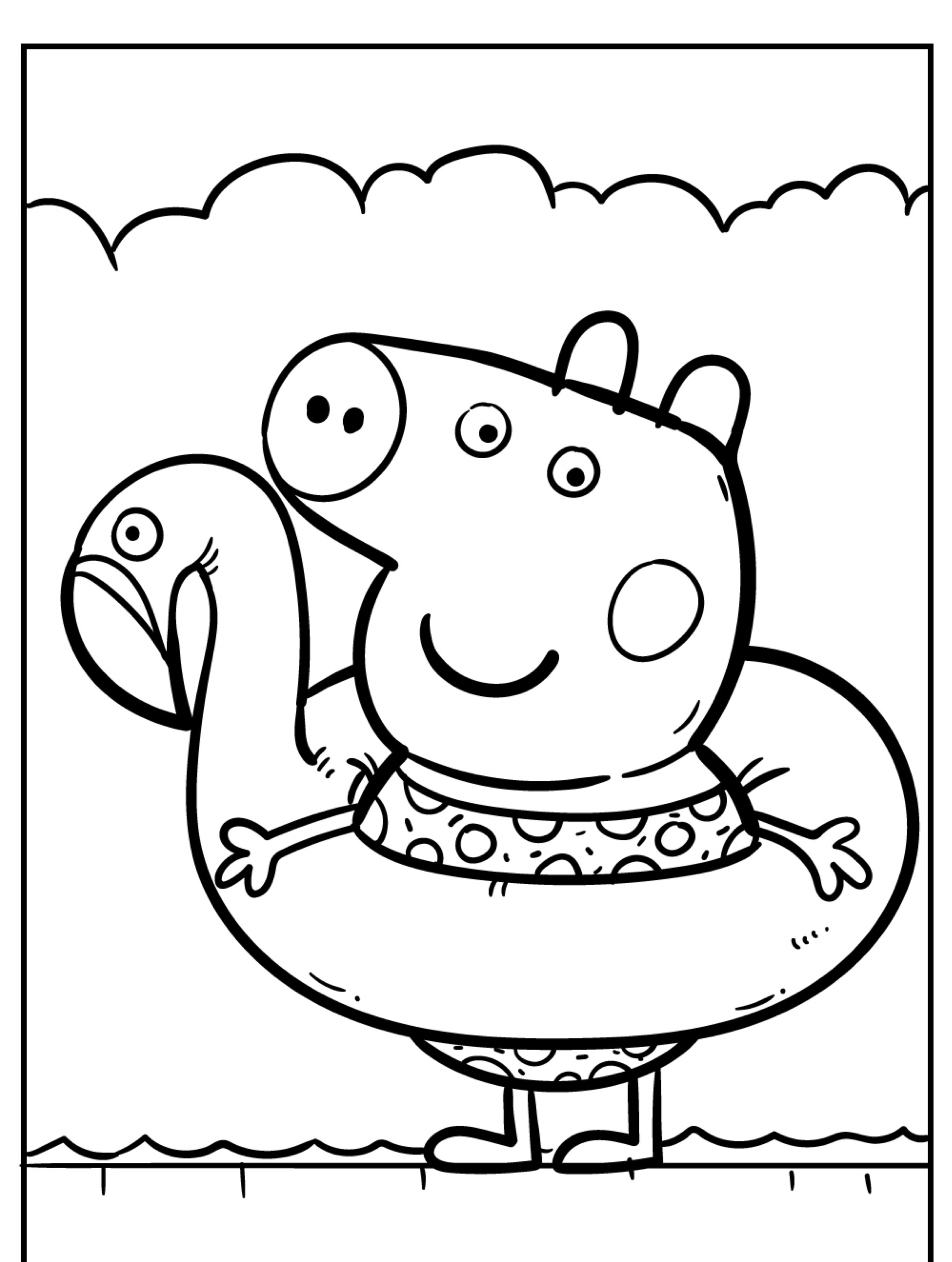 Um porco sorridente de desenho animado parecido com Peppa Pig está na água, vestindo um maiô de bolinhas e segurando uma grande bóia em forma de flamingo. Ideal para desenho para colorir.