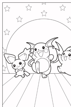 Três Pokémon, Pichu, Pikachu e Raichu, segurando um tambor, dançam juntos em um palco com estrelas ao fundo. Este desenho vibrante é perfeito para qualquer um que ama Pikachu e gosta de atividades como colorir. Para colorir.