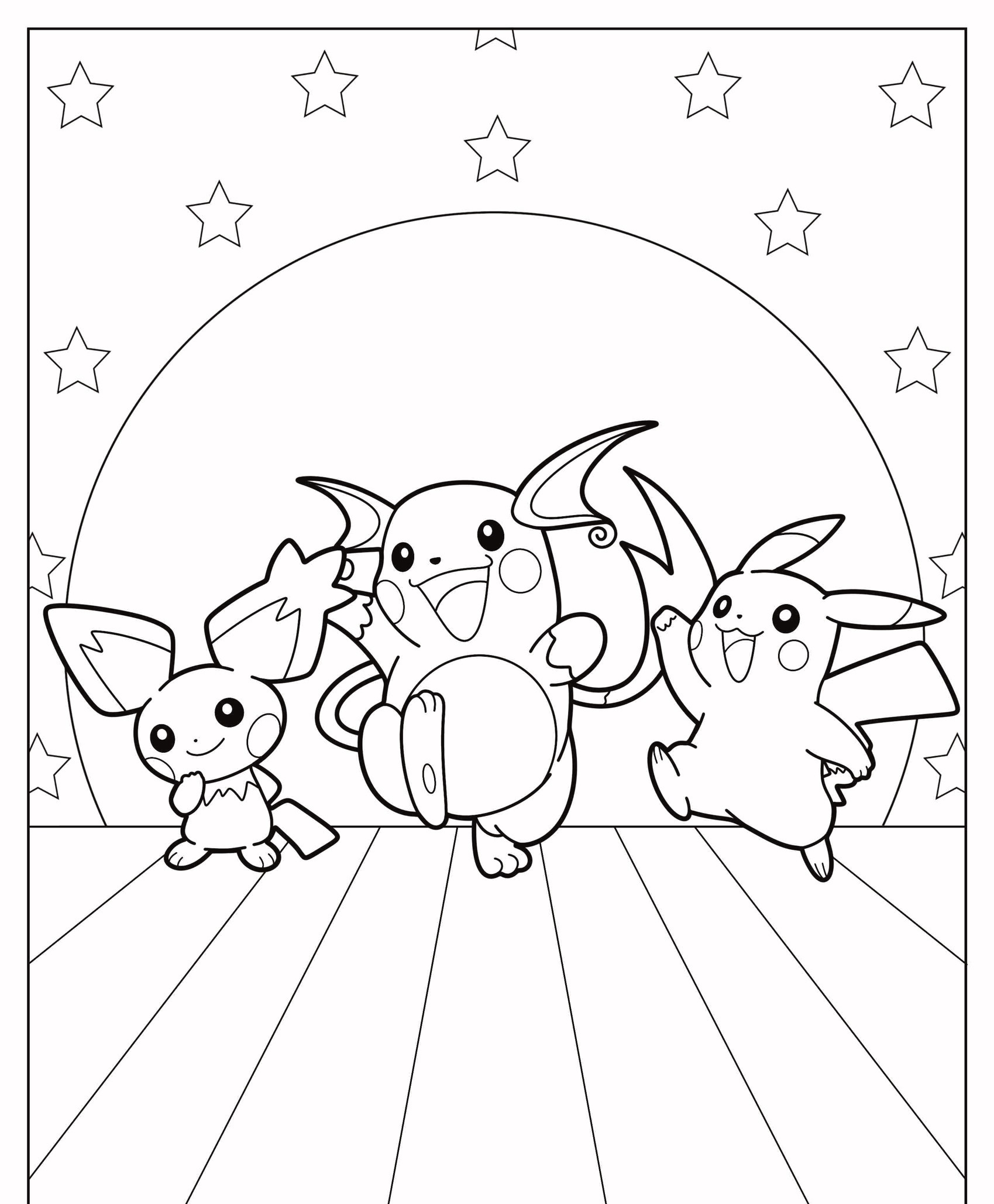 Três Pokémon, Pichu, Pikachu e Raichu, segurando um tambor, dançam juntos em um palco com estrelas ao fundo. Este desenho vibrante é perfeito para qualquer um que ama Pikachu e gosta de atividades como colorir. Para colorir.