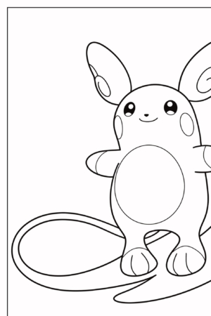 Uma página para colorir para crianças com o contorno de um personagem de desenho animado fofo e redondo, com orelhas grandes, olhos grandes e uma cauda longa e curva, perfeita para os fãs do Pikachu aproveitarem e colorirem. Para colorir.