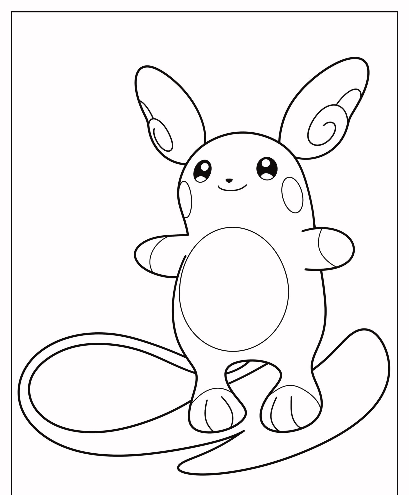 Uma página para colorir para crianças com o contorno de um personagem de desenho animado fofo e redondo, com orelhas grandes, olhos grandes e uma cauda longa e curva, perfeita para os fãs do Pikachu aproveitarem e colorirem. Para colorir.