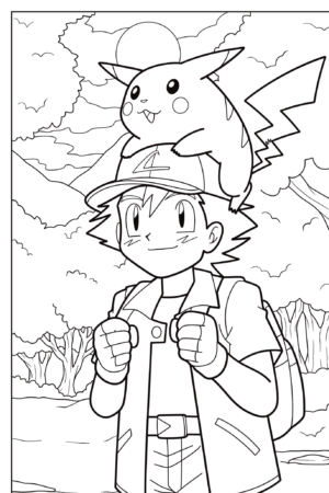 Um garoto de desenho animado usando um boné com Pikachu na cabeça está em uma floresta, sorrindo e segurando as alças de sua mochila. É uma cena deliciosa para crianças colorir. Para colorir.