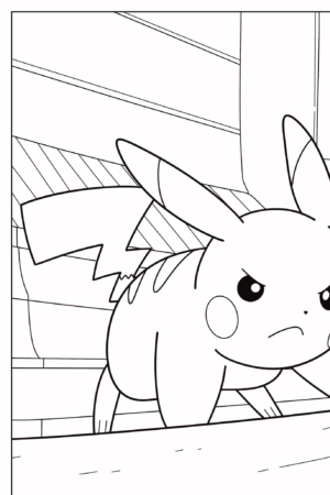 Um Pikachu determinado e com expressão raivosa em um desenho estilo quadrinhos, perfeito para crianças colorirem. Para colorir.