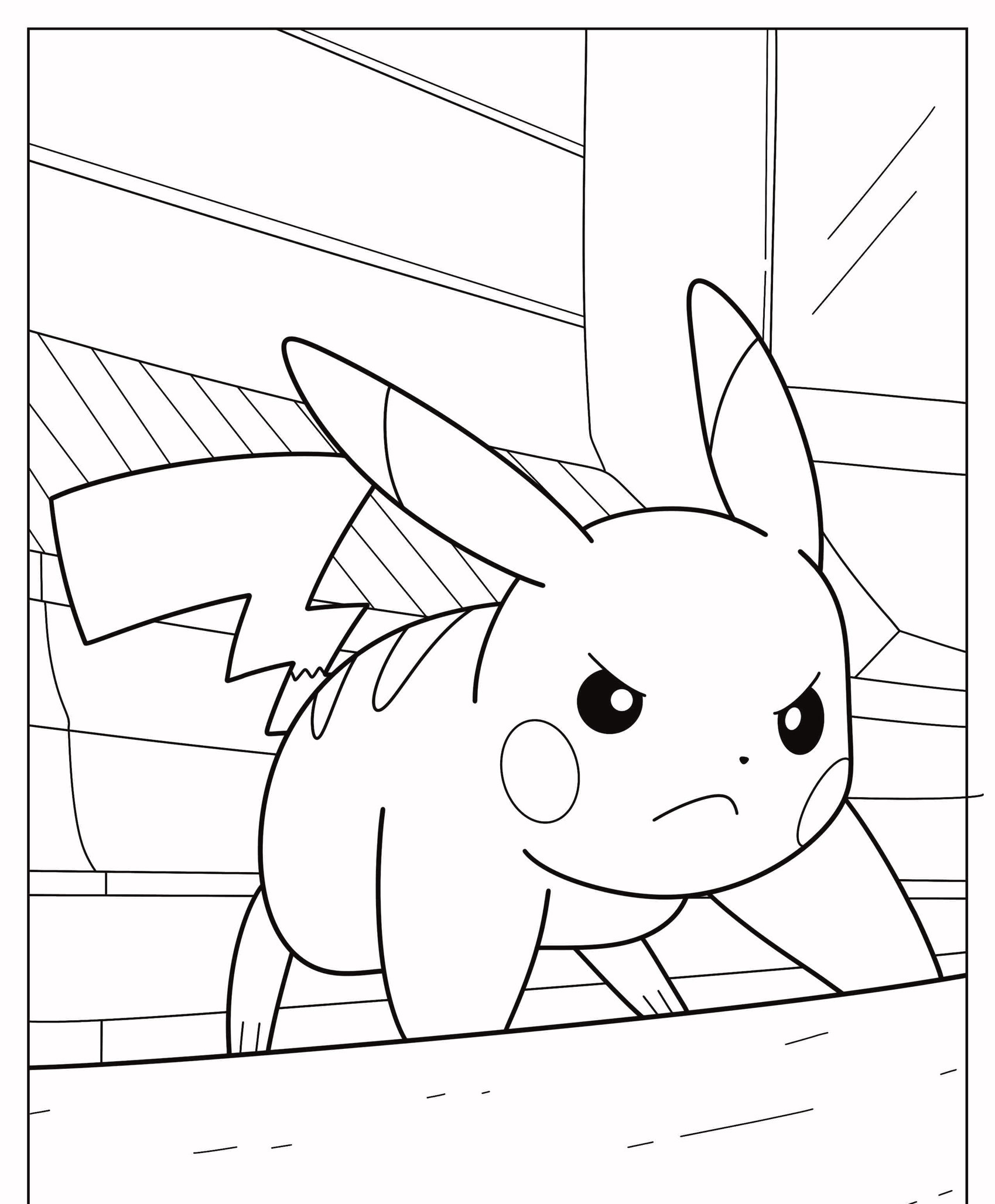 Um Pikachu determinado e com expressão raivosa em um desenho estilo quadrinhos, perfeito para crianças colorirem. Para colorir.