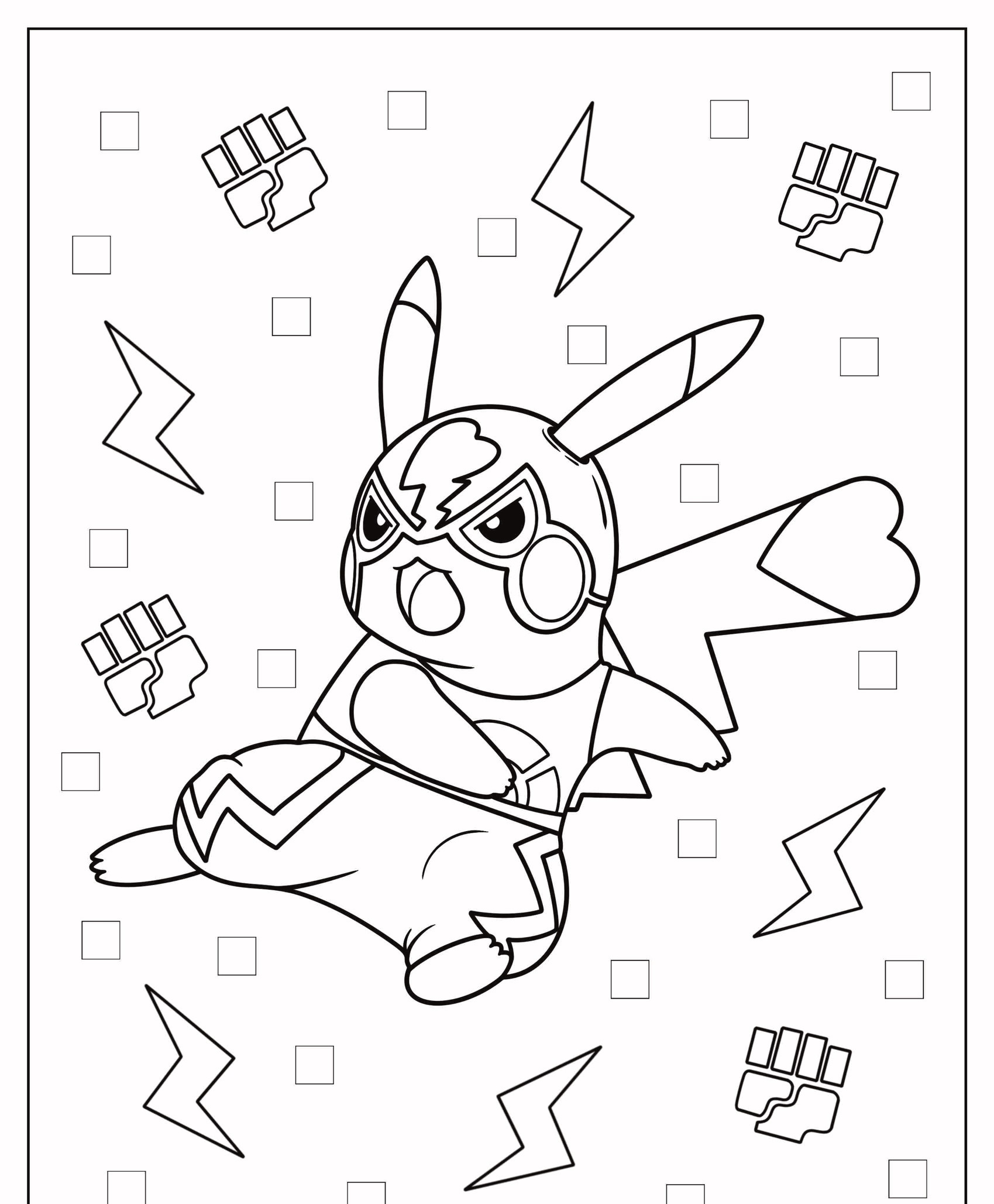 Uma página para colorir com Pikachu fantasiado de super-herói, cercado por raios e símbolos de punhos. Perfeito para fãs que amam desenhos e adorarão colorir cada detalhe desse Pikachu heróico! Para colorir.