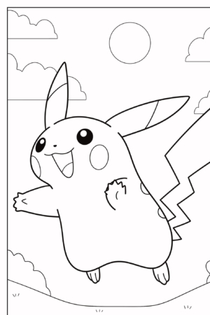 Uma página para colorir com Pikachu, o adorado personagem de desenho animado com orelhas pontudas e uma cauda em formato de raio, pulando alegremente. Para colorir.