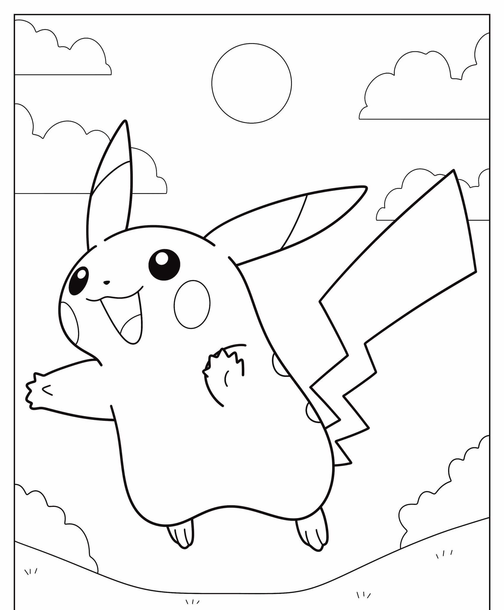 Uma página para colorir com Pikachu, o adorado personagem de desenho animado com orelhas pontudas e uma cauda em formato de raio, pulando alegremente. Para colorir.