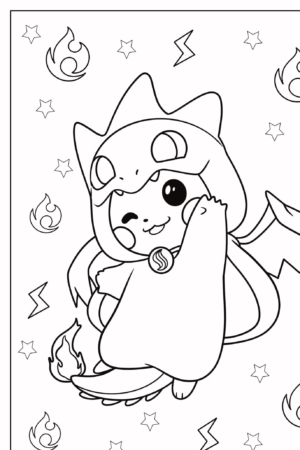 Um personagem de desenho animado fofo vestido com uma fantasia de dragão, cercado por estrelas, chamas e raios, pronto para ser colorido. Ele emite grandes vibrações de Pikachu com sua energia lúdica! Para colorir.