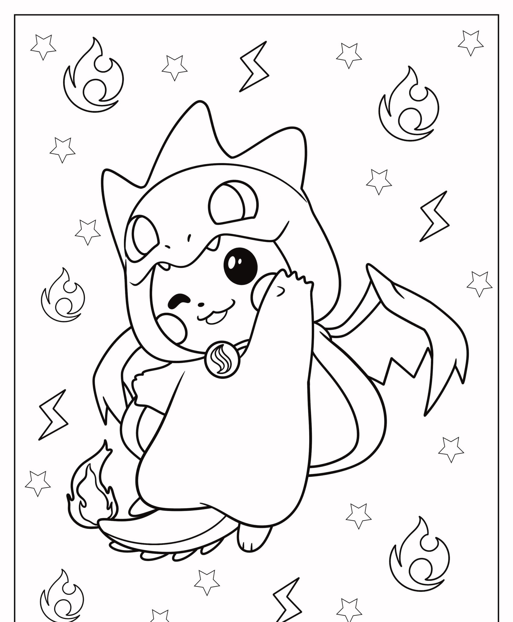 Um personagem de desenho animado fofo vestido com uma fantasia de dragão, cercado por estrelas, chamas e raios, pronto para ser colorido. Ele emite grandes vibrações de Pikachu com sua energia lúdica! Para colorir.