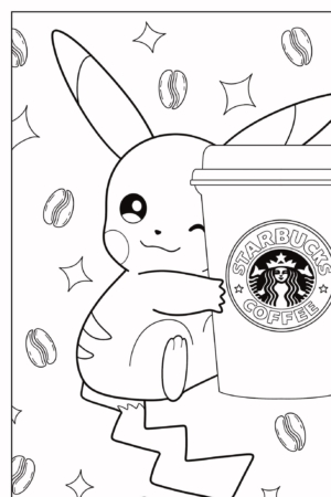 Um fofo Pikachu de desenho animado piscando e abraçando uma xícara de café do Starbucks cercado por estrelas e grãos de café, perfeito para colorir. Para colorir.