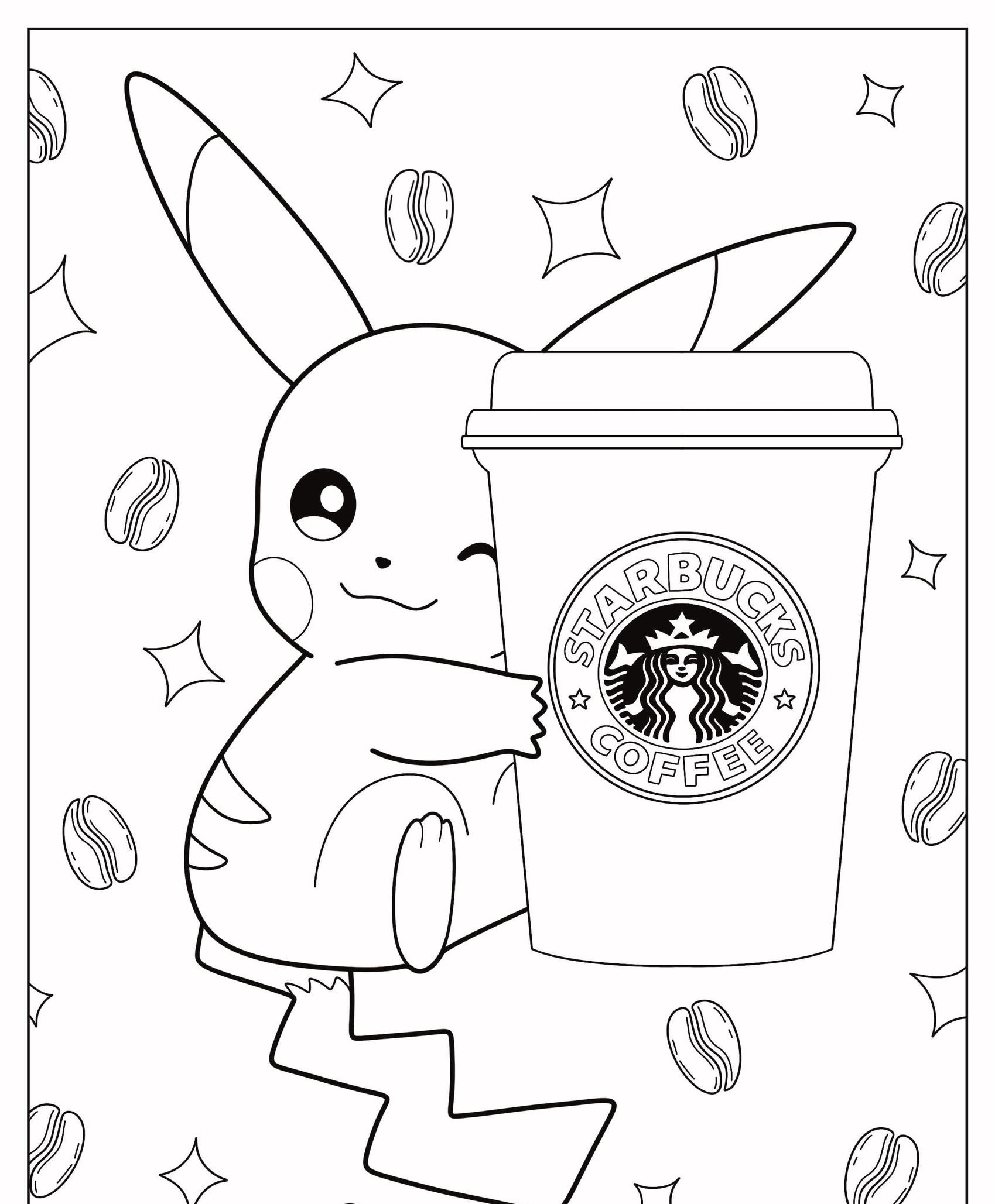 Um fofo Pikachu de desenho animado piscando e abraçando uma xícara de café do Starbucks cercado por estrelas e grãos de café, perfeito para colorir. Para colorir.