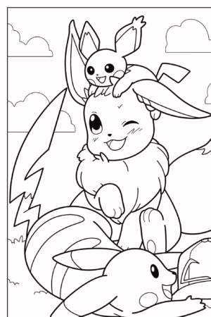 Desenho de arte linear de três Pokémon: um pequeno Pikachu em cima da cabeça de outro, o maior piscando e o terceiro segurando um boné. Perfeito para colorir! Para colorir.