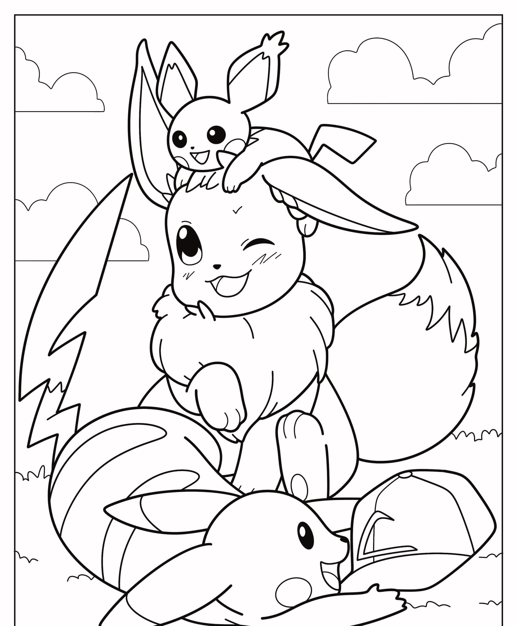 Desenho de arte linear de três Pokémon: um pequeno Pikachu em cima da cabeça de outro, o maior piscando e o terceiro segurando um boné. Perfeito para colorir! Para colorir.