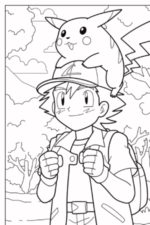 Um personagem usando um boné e carregando uma mochila está sorrindo com Pikachu na cabeça em um cenário de floresta, perfeito para crianças colorirem. Para colorir.