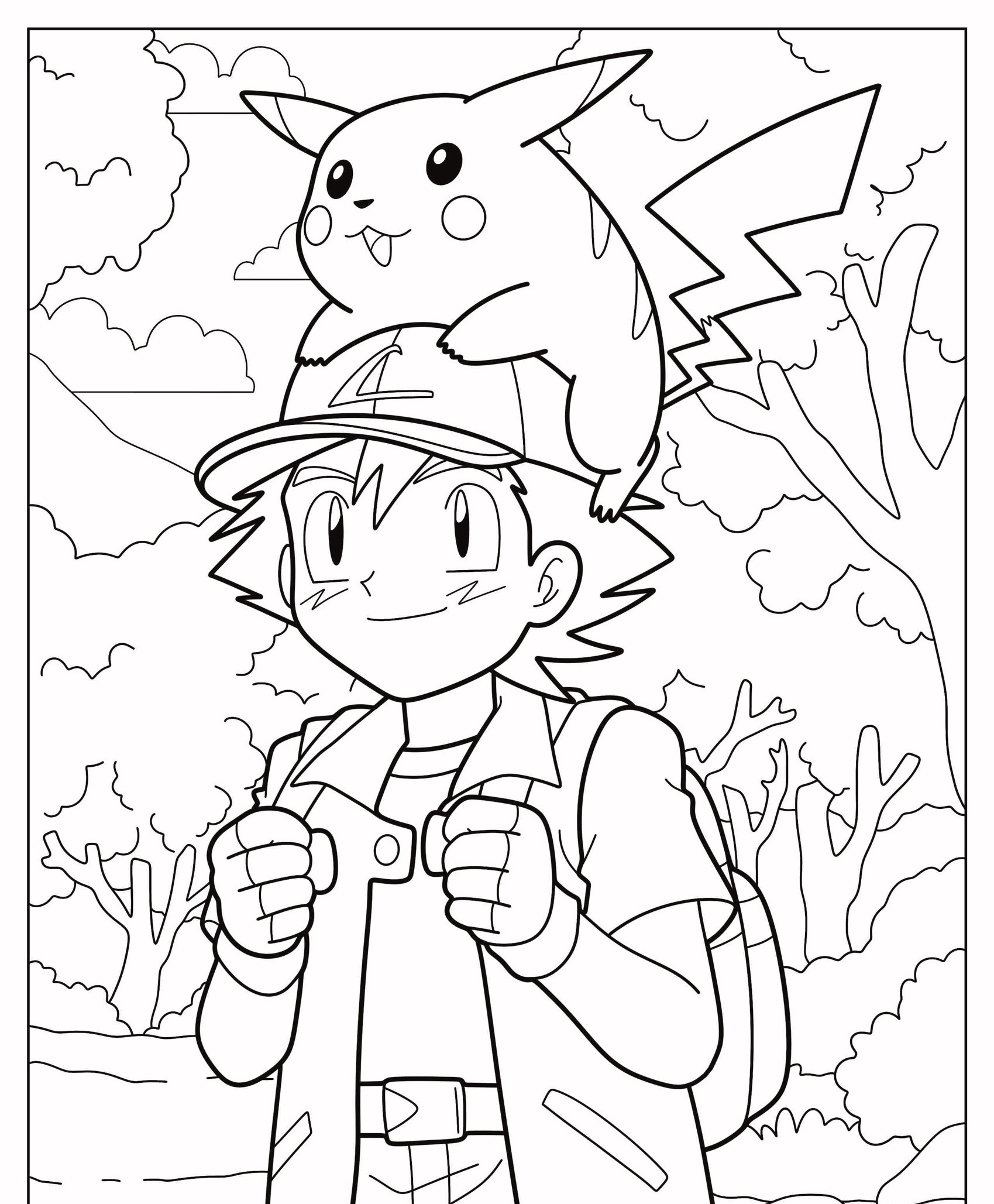 Um personagem usando um boné e carregando uma mochila está sorrindo com Pikachu na cabeça em um cenário de floresta, perfeito para crianças colorirem. Para colorir.