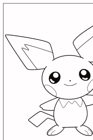 Página para colorir em preto e branco do Pichu de Pokémon, com orelhas grandes, olhos redondos e uma cauda pequena. Perfeito para fãs que amam colorir seus personagens favoritos, incluindo Pikachu! Para colorir.