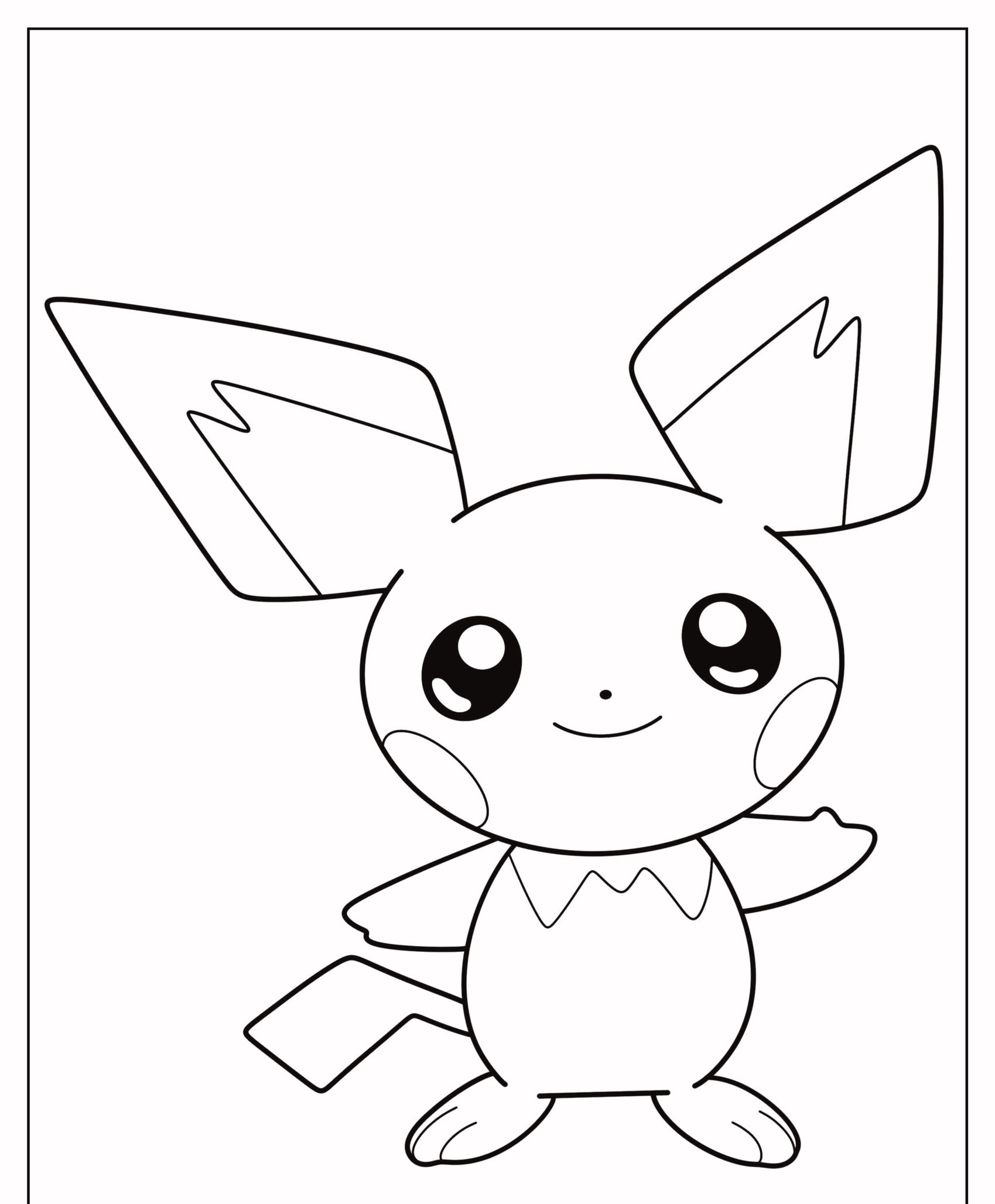 Página para colorir em preto e branco do Pichu de Pokémon, com orelhas grandes, olhos redondos e uma cauda pequena. Perfeito para fãs que amam colorir seus personagens favoritos, incluindo Pikachu! Para colorir.