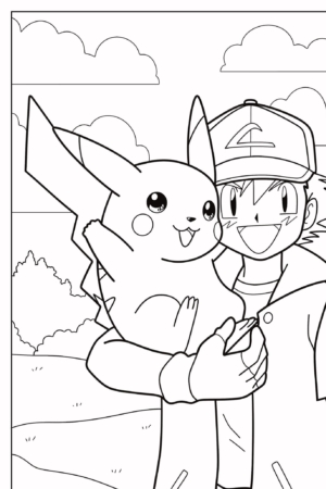 Uma pessoa usando chapéu e luvas segura um Pikachu sorridente; ambos parecem felizes em um cenário cênico, como um desenho vívido trazido à vida. Para colorir.