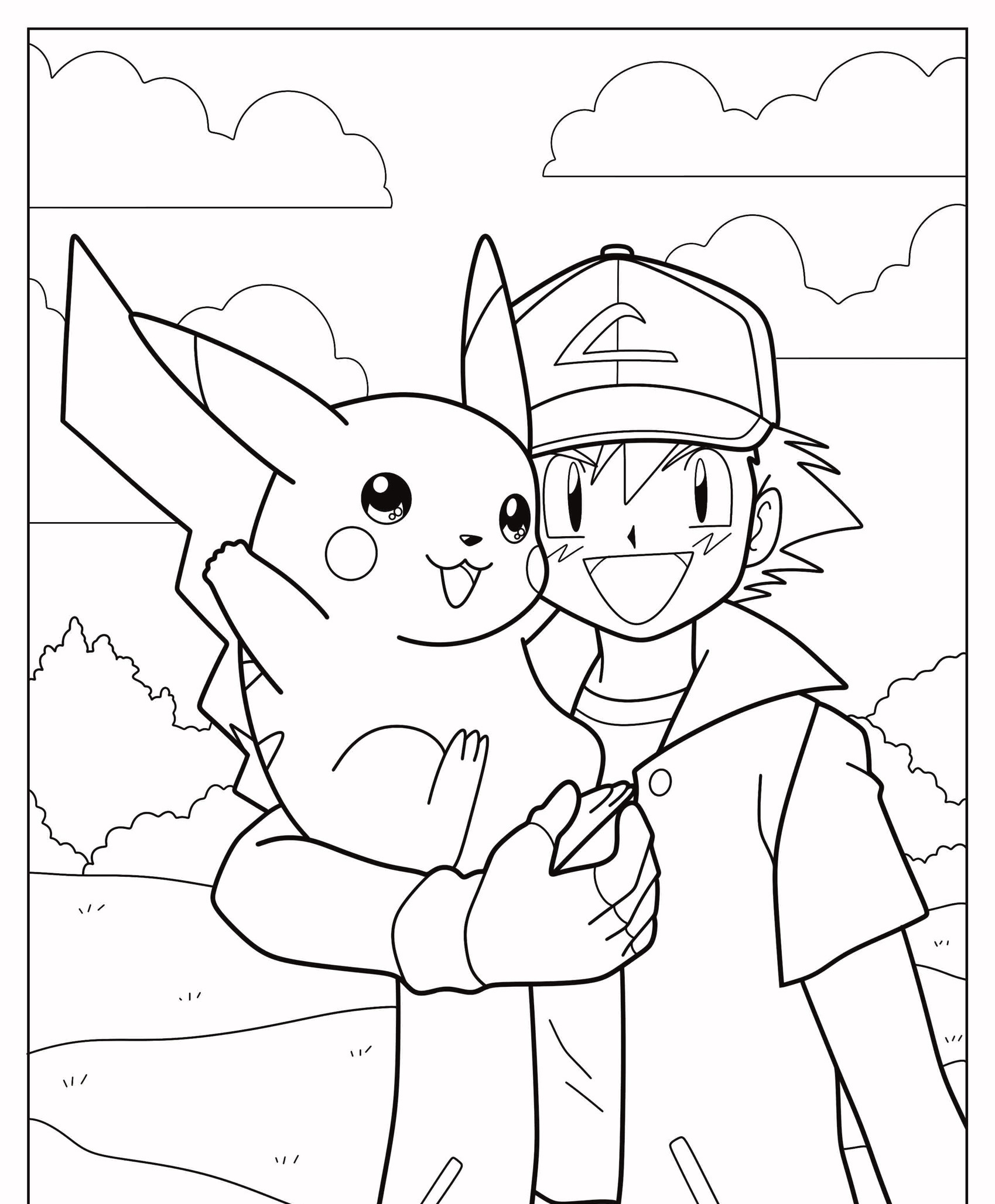 Uma pessoa usando chapéu e luvas segura um Pikachu sorridente; ambos parecem felizes em um cenário cênico, como um desenho vívido trazido à vida. Para colorir.