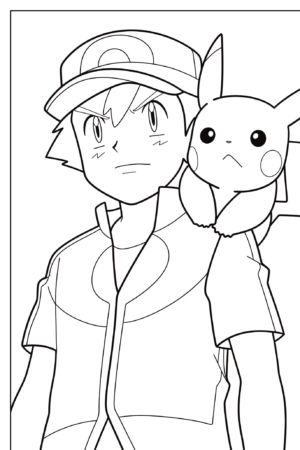 Desenho em preto e branco de uma pessoa usando um boné com Pikachu no ombro, ambos parecendo determinados. Perfeito para quem ama colorir desenho e dar vida aos seus personagens favoritos com tons vibrantes. Para colorir.