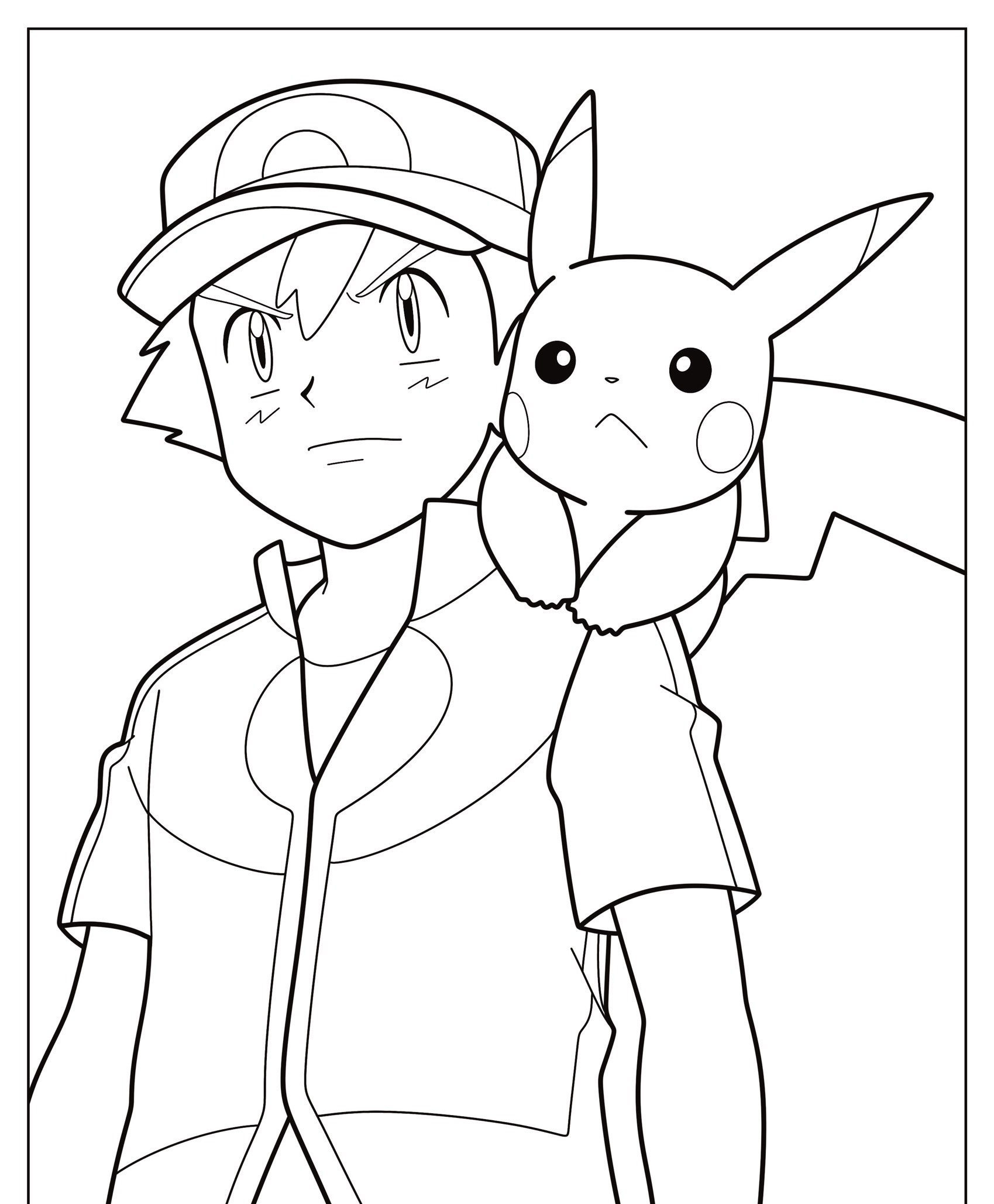 Desenho em preto e branco de uma pessoa usando um boné com Pikachu no ombro, ambos parecendo determinados. Perfeito para quem ama colorir desenho e dar vida aos seus personagens favoritos com tons vibrantes. Para colorir.