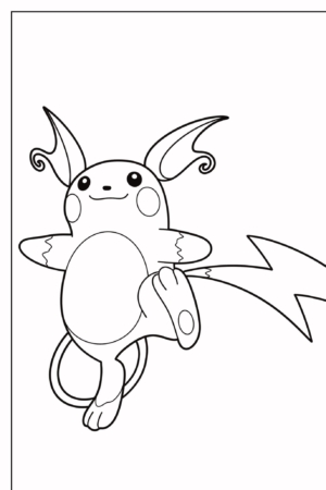 Desenho de um Raichu, um Pokémon que lembra o Pikachu, com uma expressão feliz e uma cauda em formato de raio, perfeito para colorir. Para colorir.