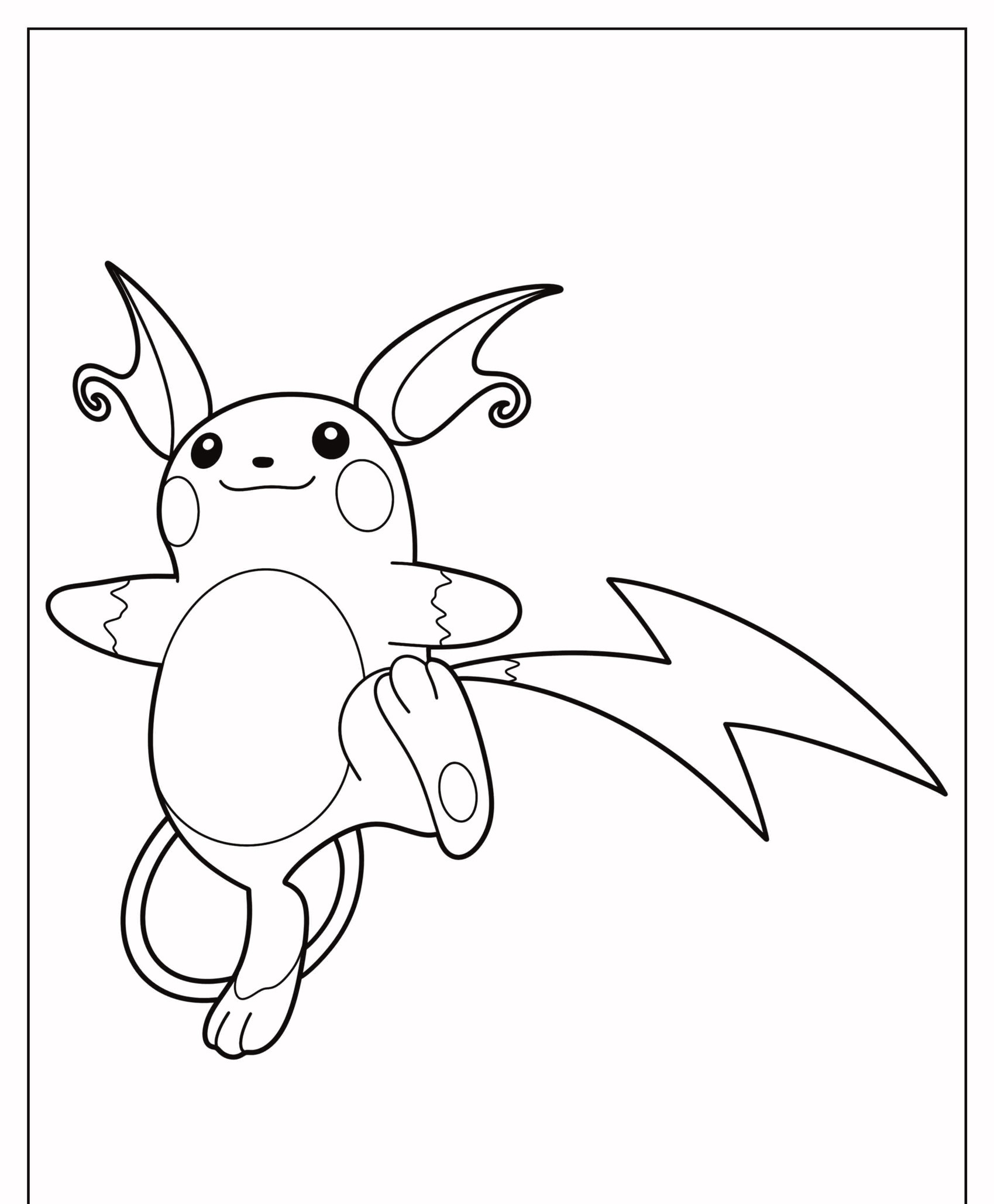 Desenho de um Raichu, um Pokémon que lembra o Pikachu, com uma expressão feliz e uma cauda em formato de raio, perfeito para colorir. Para colorir.