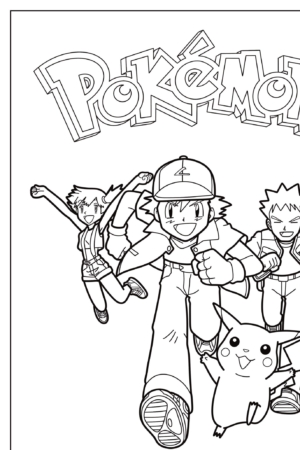 Desenho em preto e branco de três personagens Pokémon e Pikachu correndo para frente sob o logotipo do Pokémon, prontos para colorir. Para colorir.