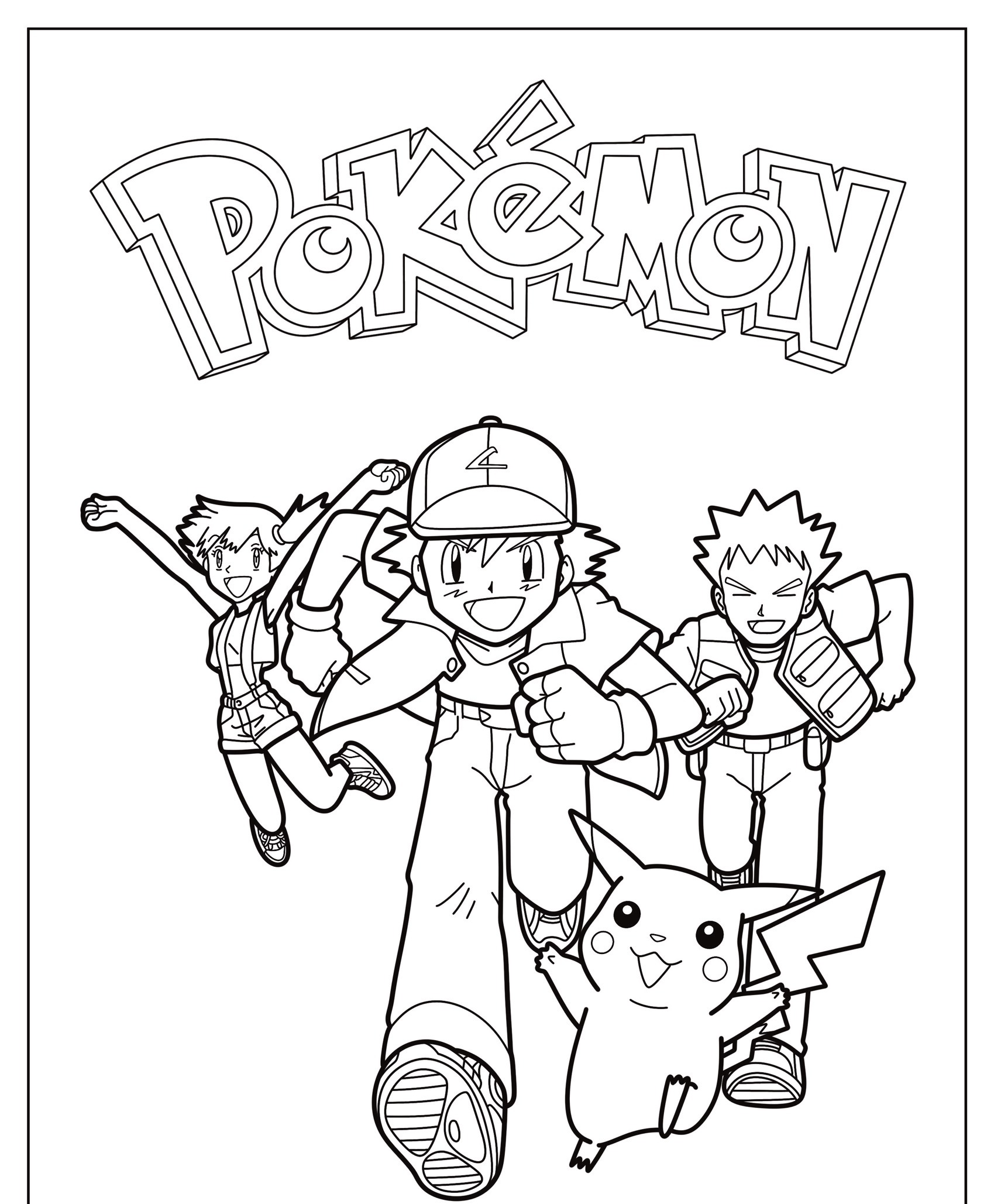 Desenho em preto e branco de três personagens Pokémon e Pikachu correndo para frente sob o logotipo do Pokémon, prontos para colorir. Para colorir.