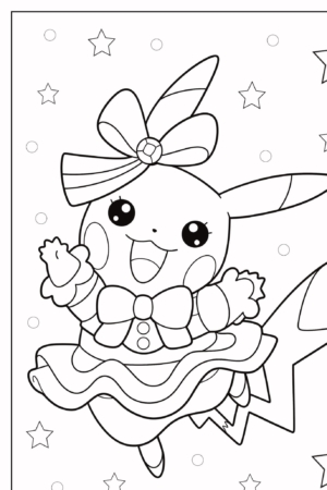 Uma página para colorir do Pikachu vestido com uma roupa de babados com um laço grande, cercado por estrelas e círculos no fundo. Um desenho divertido para colorir com toda a família! Para colorir.