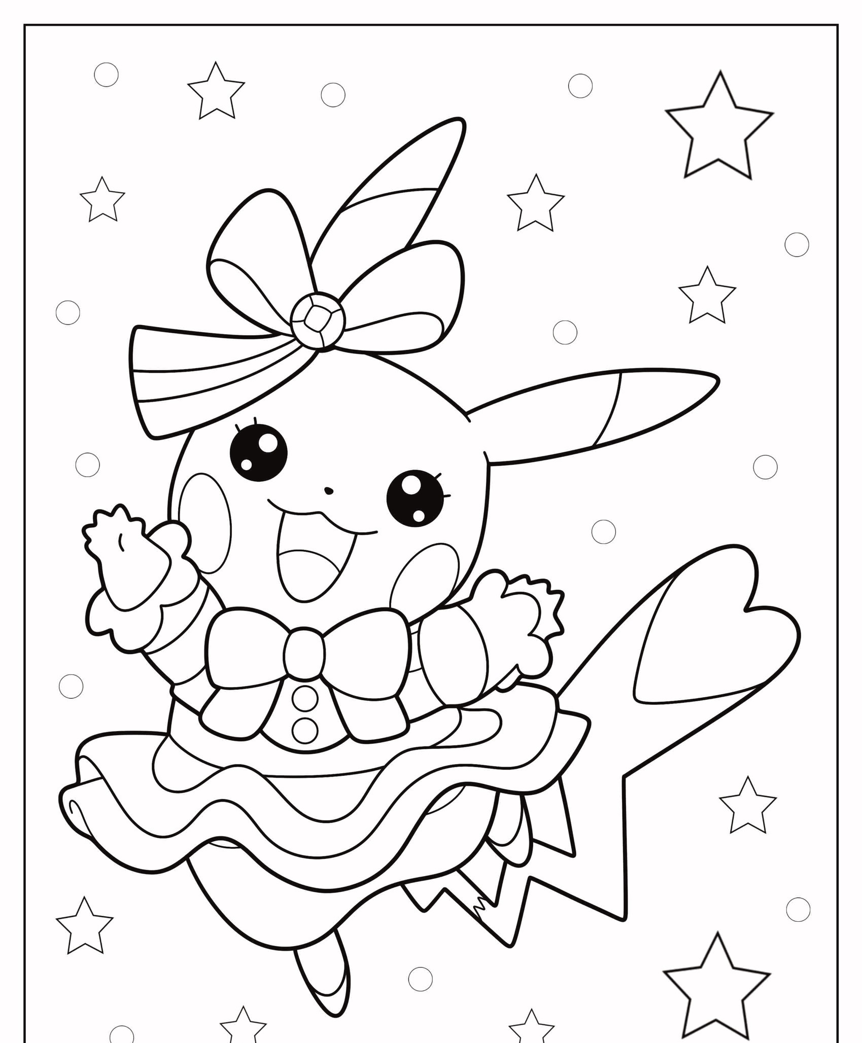 Uma página para colorir do Pikachu vestido com uma roupa de babados com um laço grande, cercado por estrelas e círculos no fundo. Um desenho divertido para colorir com toda a família! Para colorir.