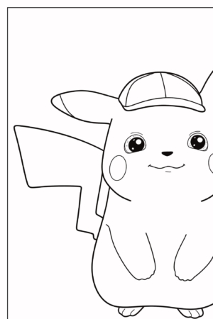 Uma página para colorir para crianças com Pikachu usando um chapéu e com uma expressão alegre. Para colorir.