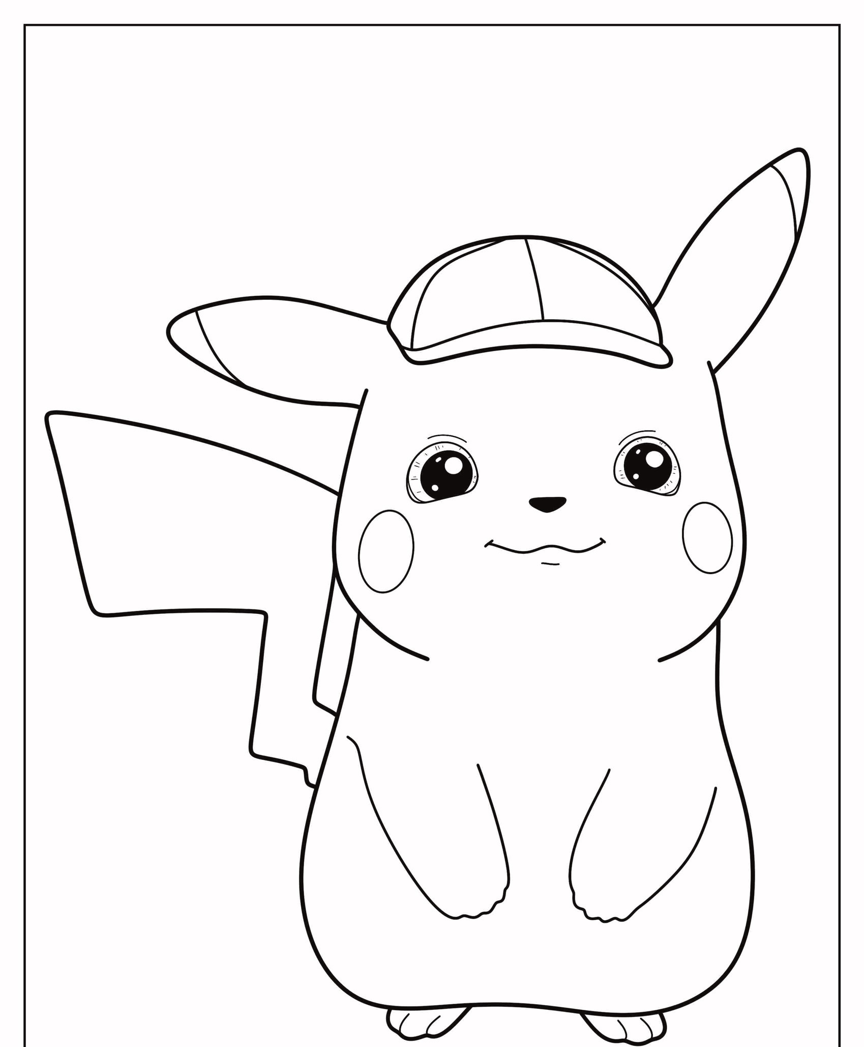 Uma página para colorir para crianças com Pikachu usando um chapéu e com uma expressão alegre. Para colorir.