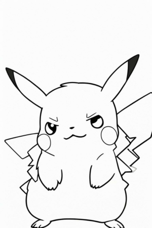 Um desenho em preto e branco do Pikachu com uma expressão de raiva, perfeito para colorir. Para colorir.