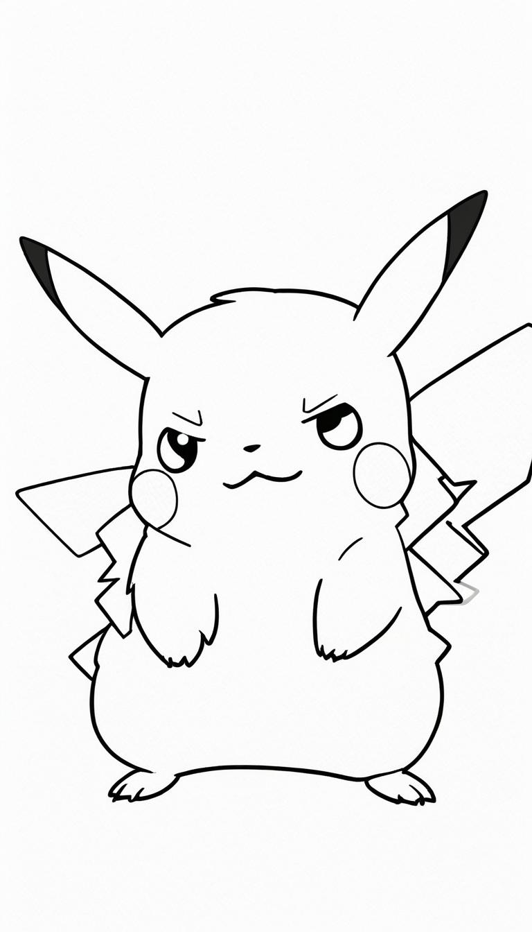 Um desenho em preto e branco do Pikachu com uma expressão de raiva, perfeito para colorir. Para colorir.