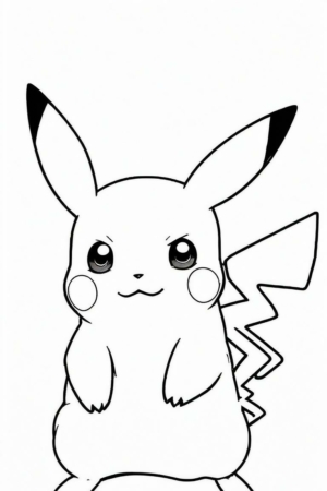 Desenho em preto e branco do Pikachu, um personagem popular do Pokémon, com orelhas eretas e cauda em zigue-zague, perfeito para colorir desenhos. Para colorir.