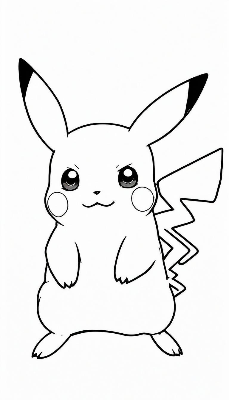 Desenho em preto e branco do Pikachu, um personagem popular do Pokémon, com orelhas eretas e cauda em zigue-zague, perfeito para colorir desenhos. Para colorir.