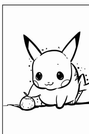 Um desenho fofo em preto e branco do Pikachu sentado e segurando um morango, perfeito para colorir. Para colorir.