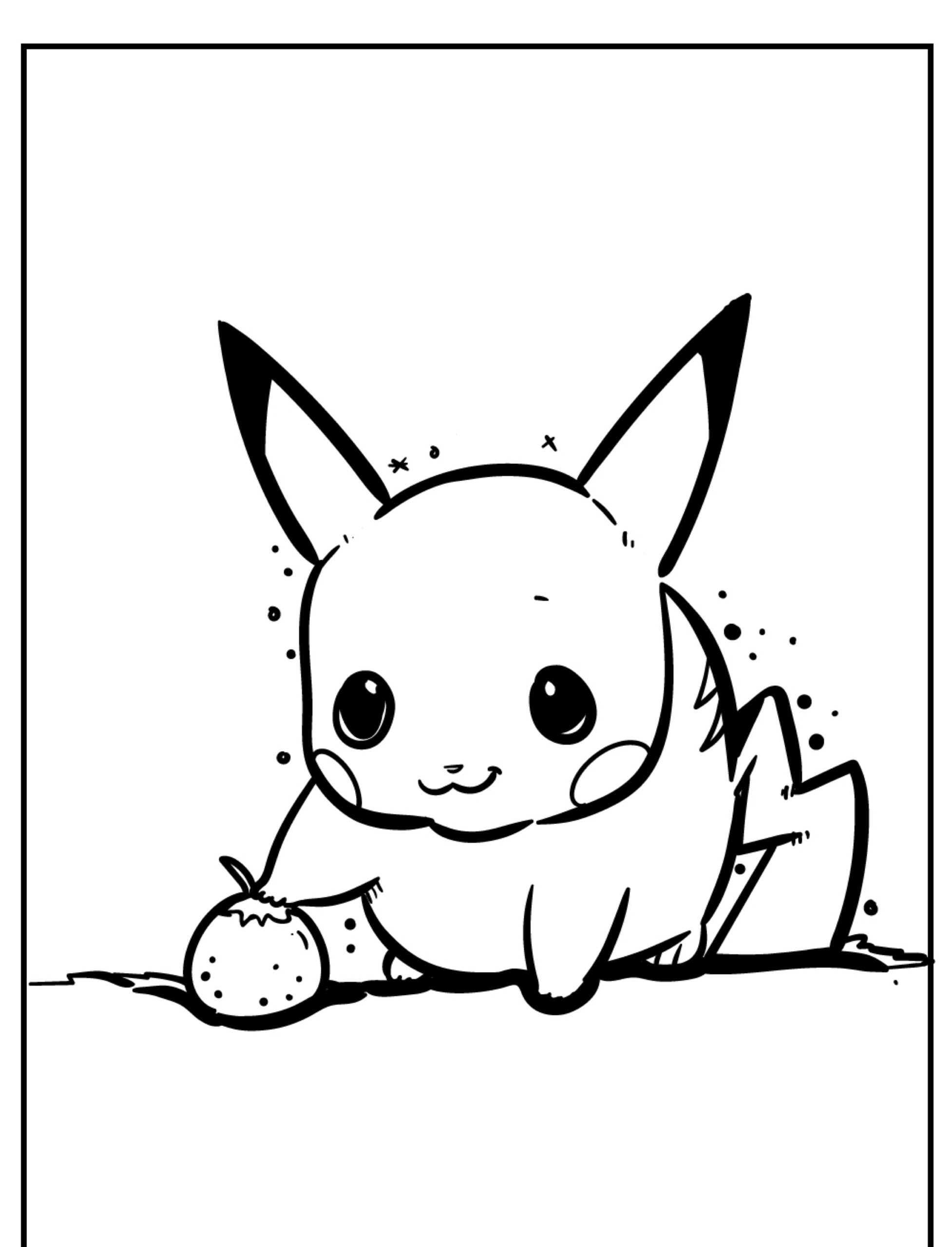 Um desenho fofo em preto e branco do Pikachu sentado e segurando um morango, perfeito para colorir. Para colorir.