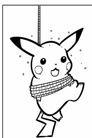 Um Pikachu feliz, agora amarrado com uma corda e pendurado no ar, sorri alegremente com olhos brilhantes. É a cena perfeita para colorir e trazer ainda mais alegria a esse momento Pokémon delicioso. Para colorir.