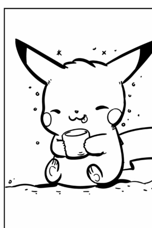 Um fofo Pikachu de desenho animado segurando uma caneca, sorrindo com marcas de alegria ao redor da cabeça, pronto para colorir. Para colorir.