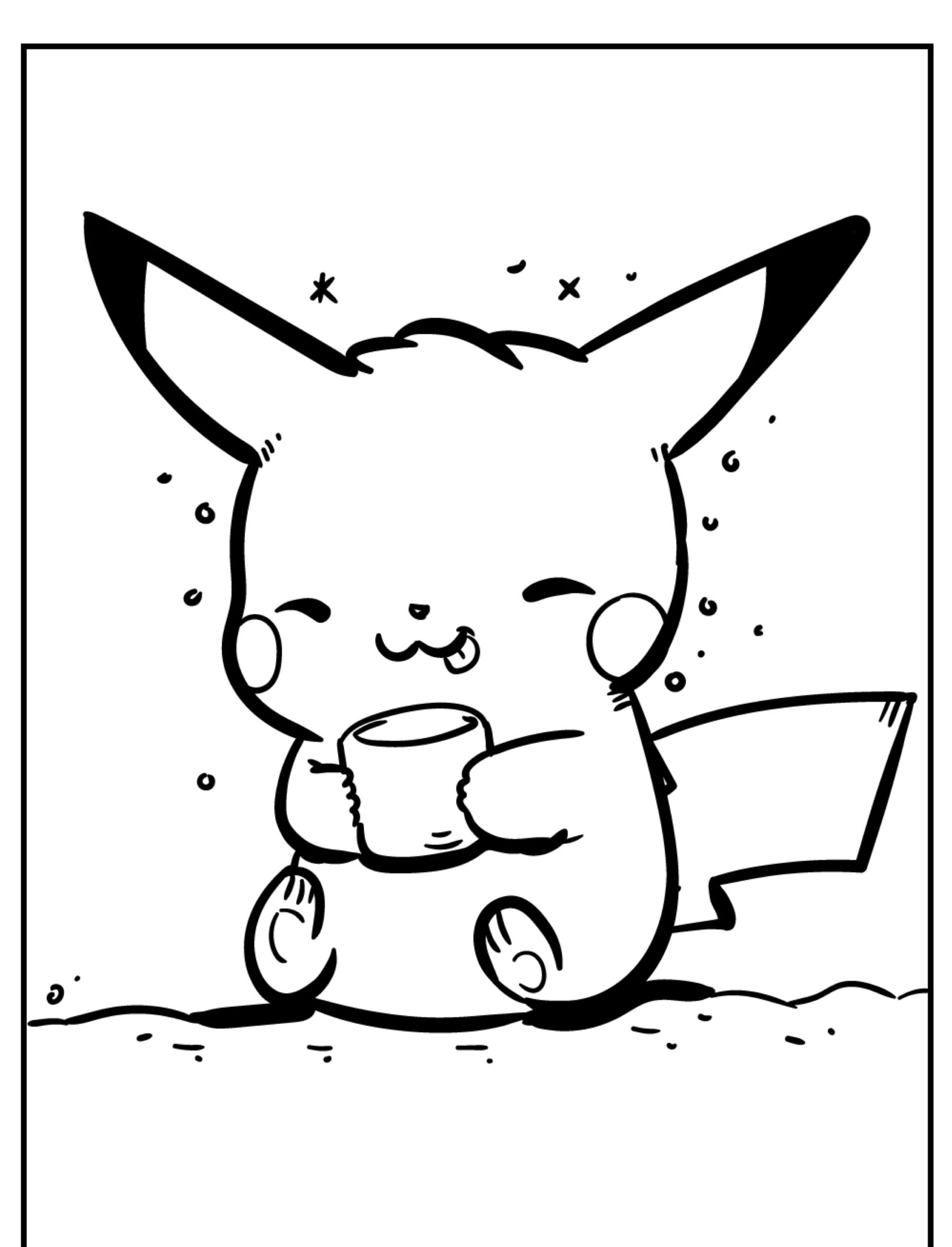 Um fofo Pikachu de desenho animado segurando uma caneca, sorrindo com marcas de alegria ao redor da cabeça, pronto para colorir. Para colorir.